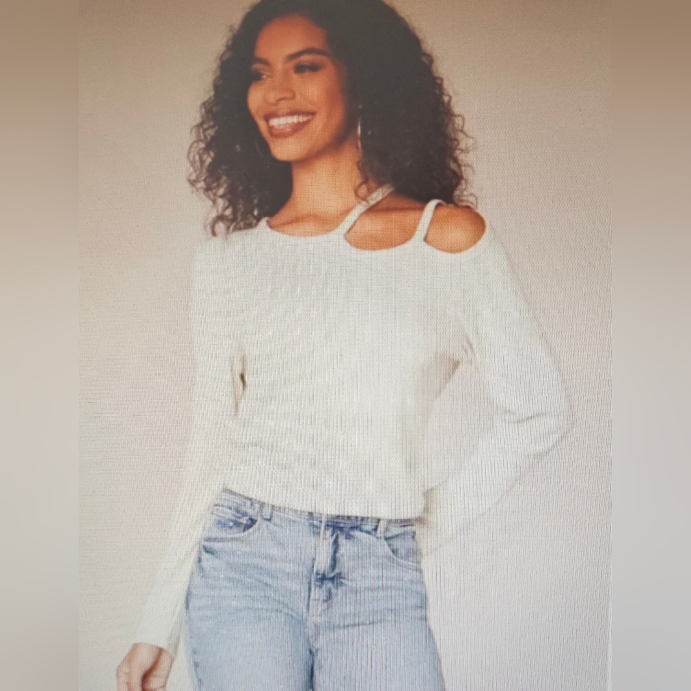 Democracy Cream Ribbed Sweater W One Shoulder Cutout  XLarge